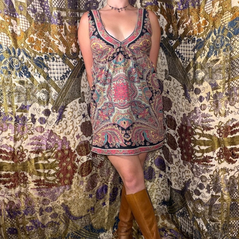 Early 2000's Black Paisley Boho Babydoll Whimsigoth Mini Dress Size M